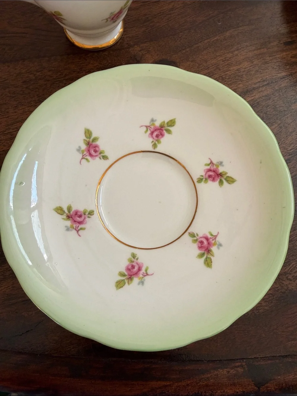 Royal Stafford Vintage Green Rim Floral Teacup and Saucer - Elegant Bone China